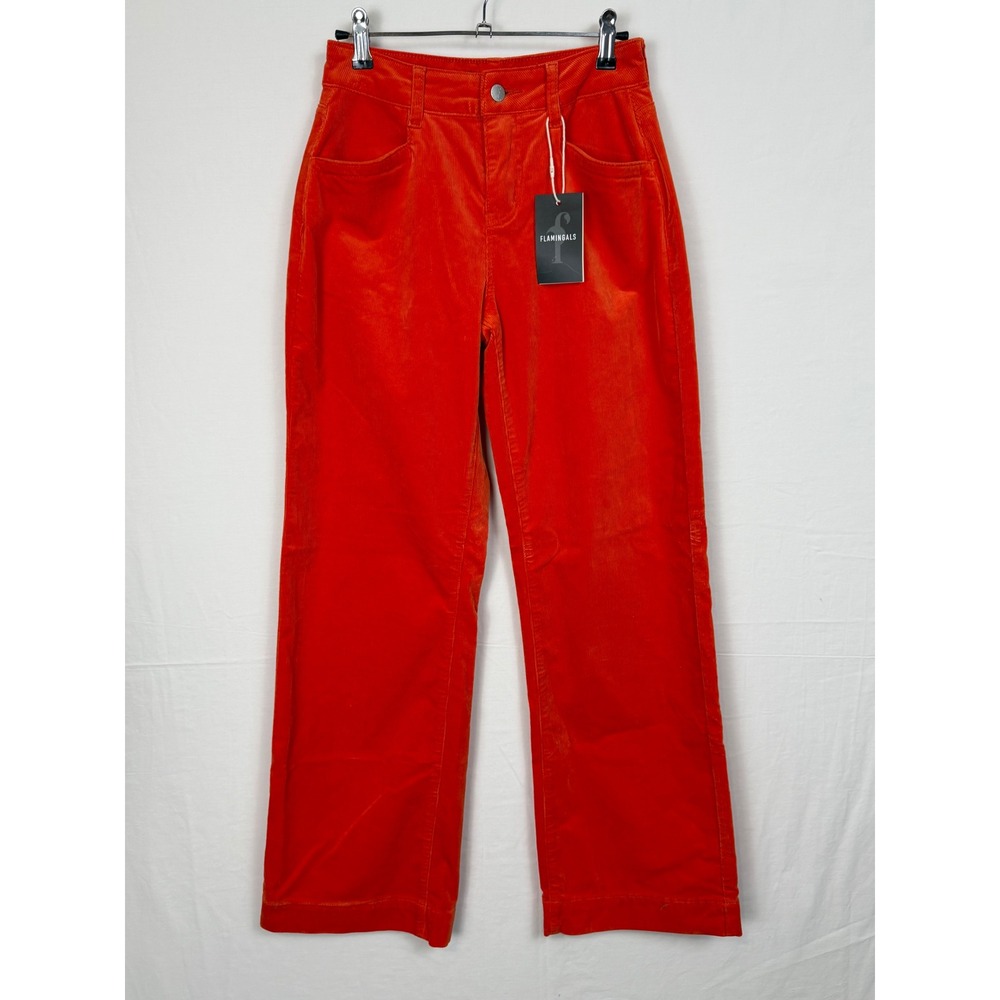 Flamingals NWT Womens Cotton Corduroy Pants XS Orange High Rise Straight Leg